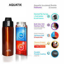 Aquatix Burnt Orange Insulated FlipTop Sport Bottle 32oz Pure Stainless Steel - £23.93 GBP