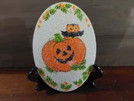 Chalkware Decoupage Halloween Owl Pumpkin Sugar Frosted Wall Plaque 1970... - $41.88