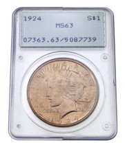 1924 $1 Silver Peace Dollar Graded by PCGS as MS-63 Old Holder! - $118.80