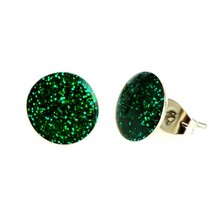 Stainless Steel Green Glitter Earrings 10mm Round Circle Stud Post Pair Unisex - £6.39 GBP