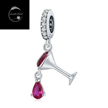 Genuine Sterling Silver 925 Red Wine Pendant Dangle Charm For Bracelets With CZ - £14.64 GBP