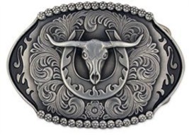 Tandy Leather Longhorn Cowskull Pewter Finish Trophy Buckle - $23.14