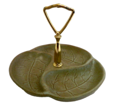 Haeger Royal 3 Section Hostess Tray Leaf Dish 849-H Green Brown USA Metal Handle - £23.64 GBP