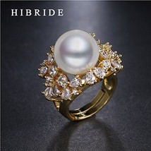 HIBRIDE Jewelry Fashion Freshwater Pearl Rings For Women Gifts,CZ Crystal Gold C - £13.19 GBP