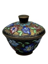 Vintage Cloisonne Trinket Box Round Enameled Brass Lidded Chinese Small 2&quot; Metal - $27.87