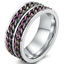Double Rainbow Chain Spinner Ring Stainless Steel Anti-Anxiety Fidget Band - £15.97 GBP
