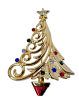 JJ Christmas Tree Brooch Pin Vintage Jewelry Goldtone Star Whimsical Colorful - £19.74 GBP