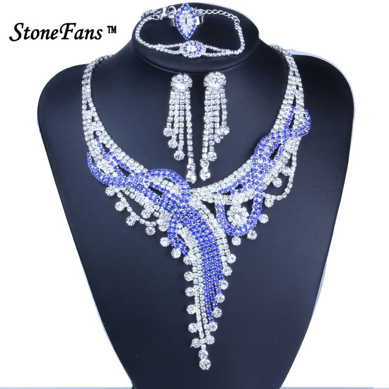 Blue Necklace Set Statement Wedding Jewelry Sets Rhinestone Necklace Earrings Ri - $32.56