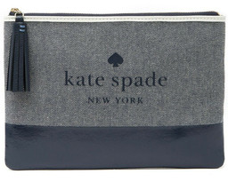 Kate Spade Ash Logo Large Tassel Pouch Navy Blue Canvas WLRU5328 NWT $69 MSRP FS - £26.47 GBP