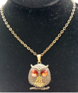 Bronze Owl Pendant Necklace Rhinestone Eyes and Chest 20&quot; Chain/1.5&quot; Pen... - £15.45 GBP