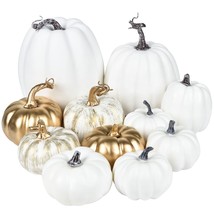 11Pcs Fall Artificial Pumpkins Harvest Frosted Pumpkins Gold Brushed White Foam  - £23.90 GBP