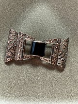 Vintage Faux Silvertone Marcasite Ribbon Bow w Black Enamel Center Art Deco - £10.29 GBP