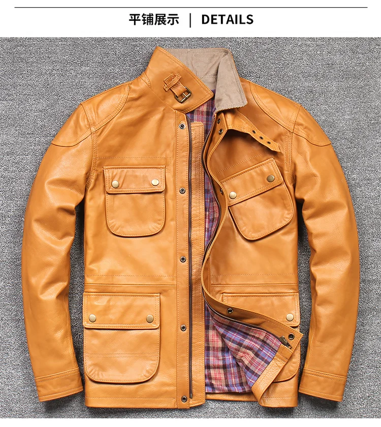  Vintage Motorcycle Jacket Stand Collar Natural Cowhide Jackets-25 - $369.28 CAD