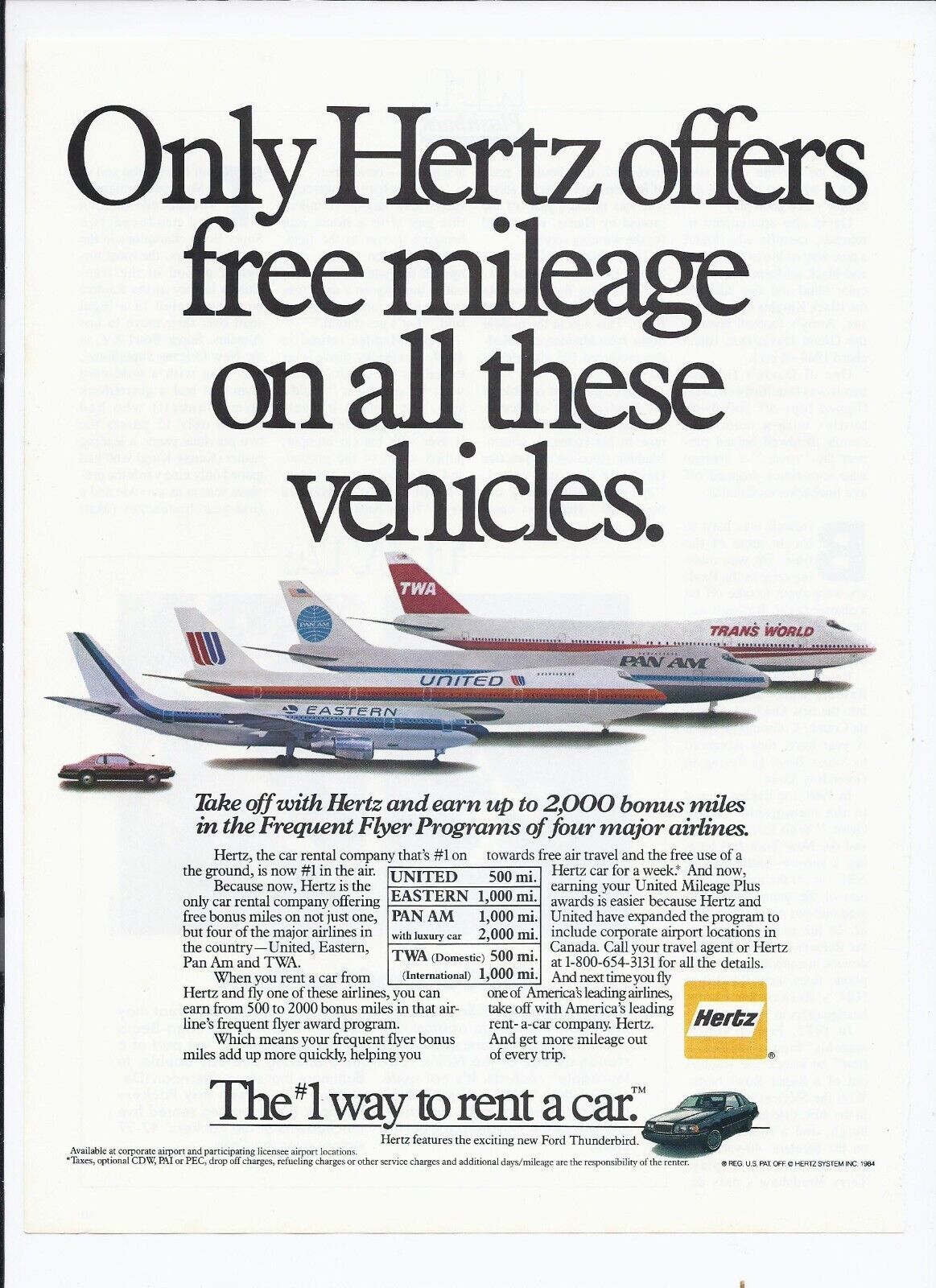 1984 Hertz Rental Car Print Ad Frequent Flyer Miles 8.5&quot; x 11&quot; - $20.06