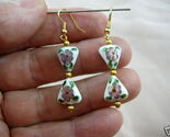 (EE608-20) White pink flower 2 bead CLOISONNE dangle TRIANGLE disk  EARR... - $24.99