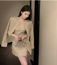 2023 Autumn Winter Gold Tweed Suit Jacket &amp; Strap Mini Dress Set - $107.95