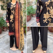 Pakistani Black Printed Straight Shirt 3-PCS Lawn Suit w/ Threadwork ,L - $56.43