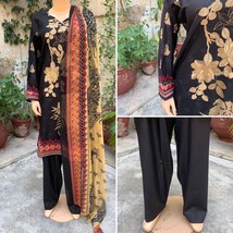 Pakistani Black Printed Straight Shirt 3-PCS Lawn Suit w/ Threadwork ,L - £44.11 GBP