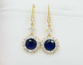 4Ct Round Cut CZ Blue Sapphire DropDangle Earrings 14K Yellow Gold Plated - £96.22 GBP