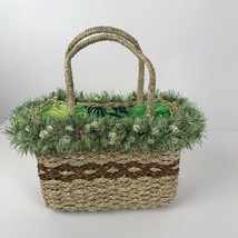 Vintage Purse Straw Woven Floral Trim Small Bag Handbag Lined upcycled - £13.19 GBP