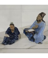 Vintage Chineese Shiwan Mudman Figurines Set of 2 Blue Glazed Clay Signed - $26.11