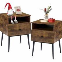 Set of 2 - Mid Century Modern Side Table Nightstand in Brown Black Wood ... - $245.49