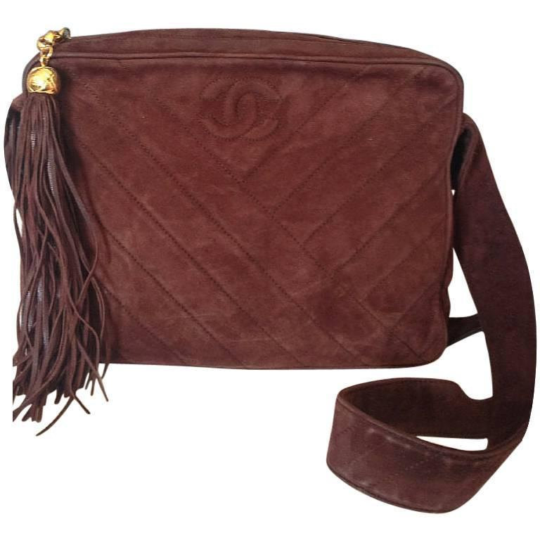 Vintage CHANEL dark brown V stitch suede leather shoulder bag with CC stitch mar - $992.00