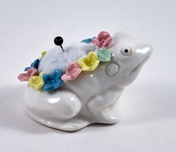 Frog Pin Cushion White Figurine Pastel Flowers Collectible Porcelain Vin... - $14.99
