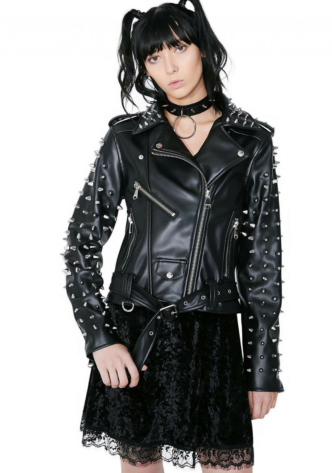 Women's Black Color Biker Genuine Leather Silver Spike Studded Belted Jacket