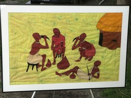 Ushindi African Batik Original 1988 Signed Mid Century Modern Fabric Painting - £600.46 GBP