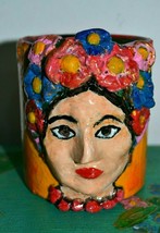 Handmade Hand Painted Ceramic Pen / Brush Holder &quot;Frida Kahlo&quot;. Signed - £23.25 GBP