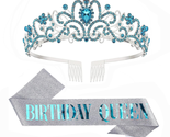 Blue Birthday Sash and Tiara for Women Glitter Birthday Queen Sash and T... - $20.88