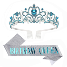 Blue Birthday Sash and Tiara for Women Glitter Birthday Queen Sash and Tiara for - £16.69 GBP