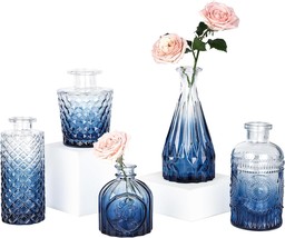 Glass Bud Vase Set Of 5, Small Blue Flower Vases For Centerpieces In Bul... - £31.61 GBP