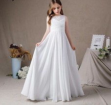 Lace Pleated Chiffon Dress For Girl Sleeveless First Communion Gown A Line Floor - £92.78 GBP
