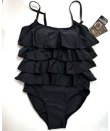 Shore Shapes Simply slimmer Black ruffles One Piece Swimsuit Womens Size 8 - £15.02 GBP