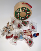 Vintage 1980s Small Wooden Ornaments in Round Balsa Wood Box Hudsons 14 Total - $17.45