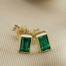 14K Yellow Gold Plated 2Ct Emerald Cut Simulated Emerald Bezel Set Stud Earrings - £54.17 GBP