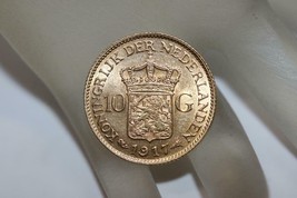 1917 NETHERLANDS Dutch Queen Wilhelmina Gold 10 Gulden Rare Collectible Coin - $513.25