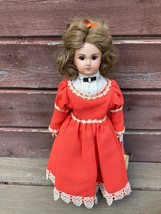 Vtg 16&quot; Porcelain Doll Head W Brown Eyes &amp; Outfit Cloth Body Not Antique - £36.98 GBP