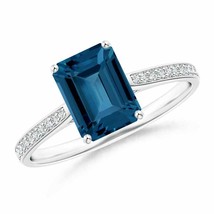 ANGARA Emerald-Cut London Blue Topaz Cocktail Ring with Diamonds - £689.92 GBP