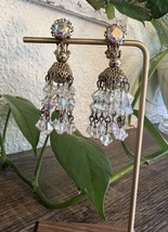 Unique Vintage Gold Tone AB Crystal Dangle Clip on Earrings Rhinestone F... - $31.68