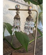 Unique Vintage Gold Tone AB Crystal Dangle Clip on Earrings Rhinestone F... - $43.46 CAD