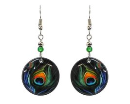 Peacock Feather Pattern Graphic Round Dangle Earrings - Womens Fashion Handmade  - £11.66 GBP