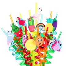 24 Flamingo Fruit Cactus Reusable Plastic Straws,Hawaiian Beach Cocktail Luau Pa - £20.84 GBP