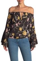Free People Women&#39;s Last Time Printed Draped Bell-Sleeve Top, Black Combo Size S - £25.01 GBP