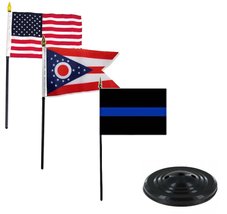 AES USA/Thin Blue Line/Ohio State 3 Flags 4&quot;x6&quot; Desk Set Table Stick Black Base - £3.91 GBP