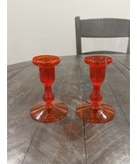 Morgantown Glass Gypsy Fire Orange Candle Holder MCM Pair Vintage - $81.22 CAD