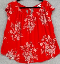 Red Floral Blouse Petite XL Tie Neck Cap Sleeve Lightweight Summer Top - $24.74