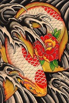 Life&#39;s Journey Japanese Koi Fish Tattoo Flowers Waves Fine Art Print Clark North - £18.22 GBP+